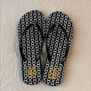 Tory Burch Black and White Flip Flops with gold detail